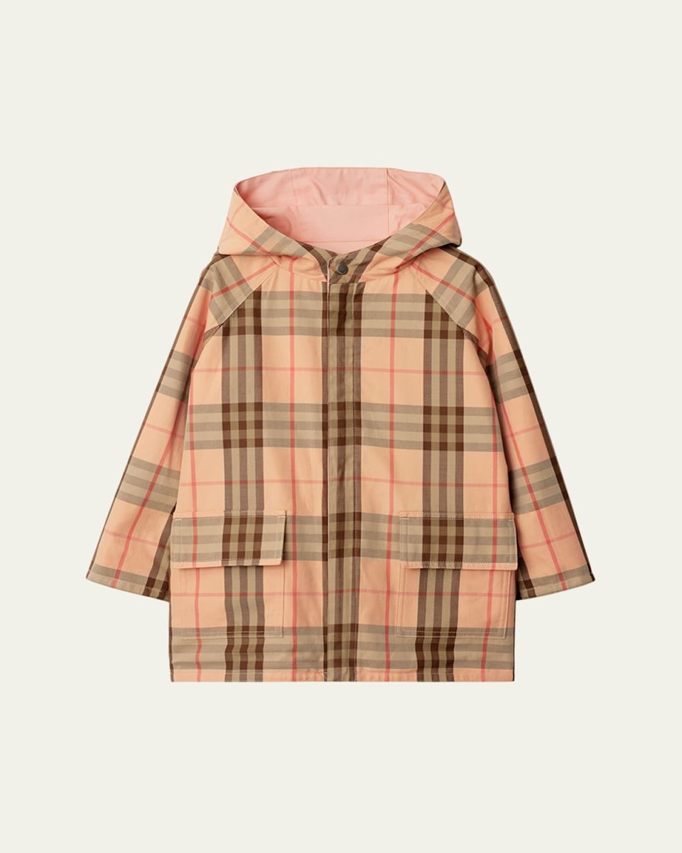 Girl's Emile Reversible Check-Print Raincoat, Size 3-14